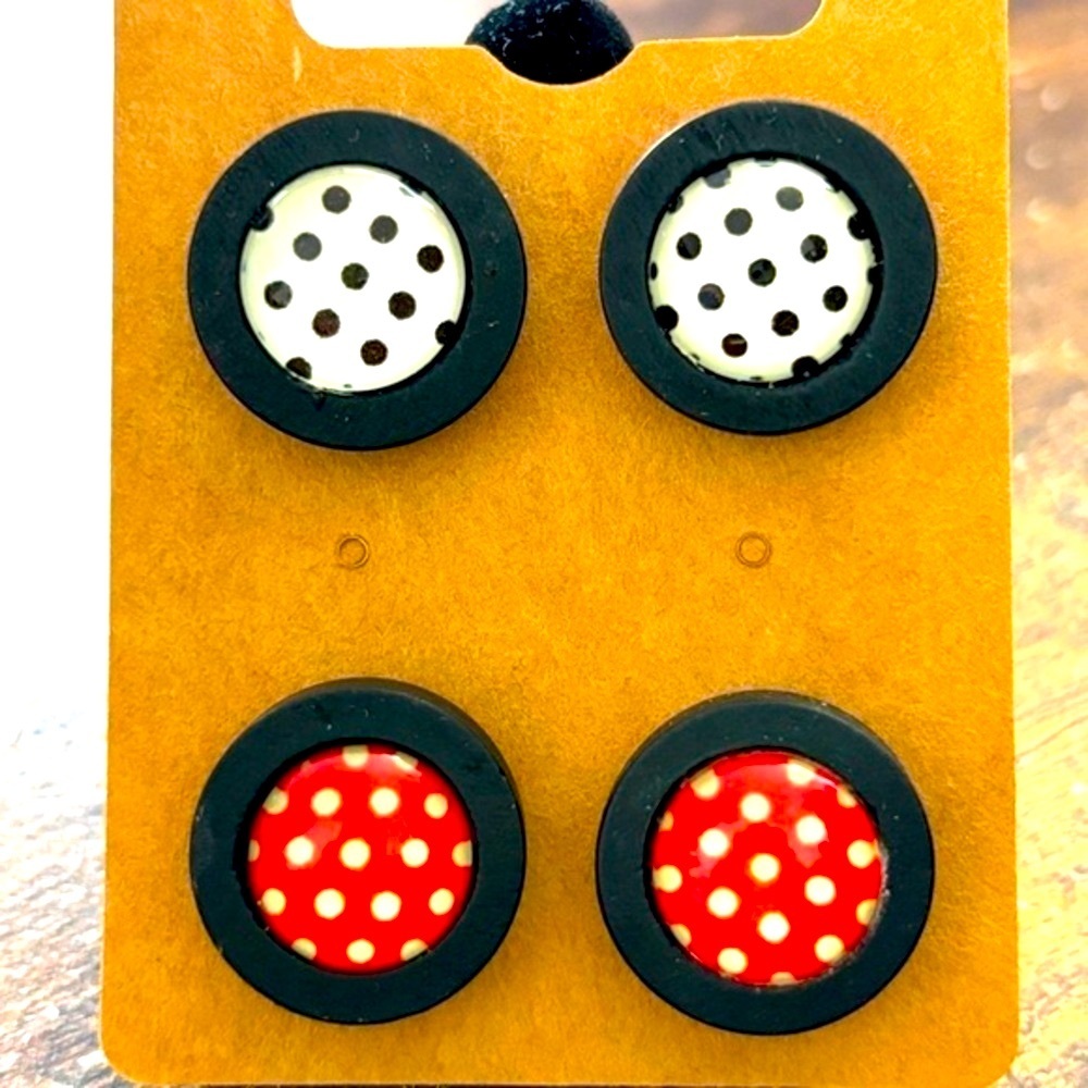 Set of Two Handmade Polka Dot Stud Earrings - 12mm Glass Dome on Black Wood Base
